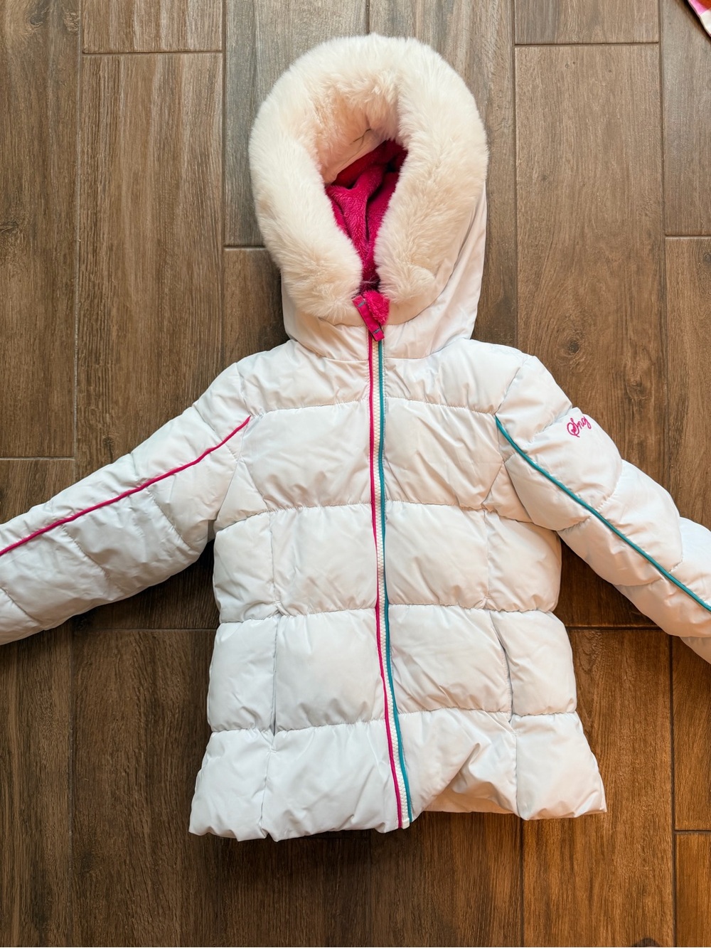 Snozu White Puffer Jacket with Pink Lining and Teal Trim